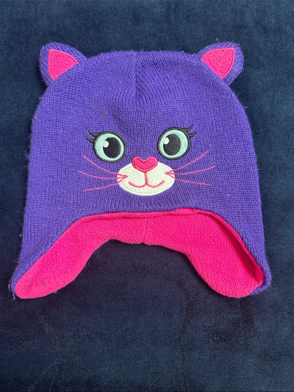 Purple Knit Cat Ear Beanie with Pink Trim